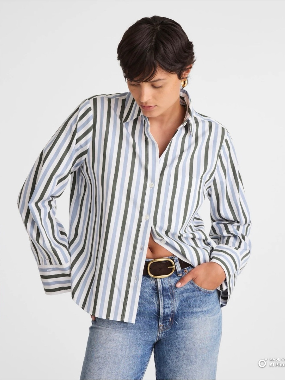 Madewell Small Easy Y-Neck Button-Up Shirt Botanical Green Blue White Stripe NWT